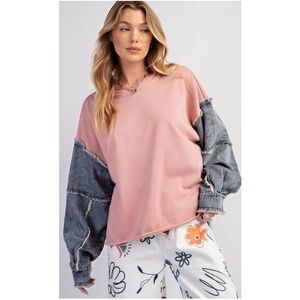 Easel French Terry Color Block Frayed Denim Sleeve Top